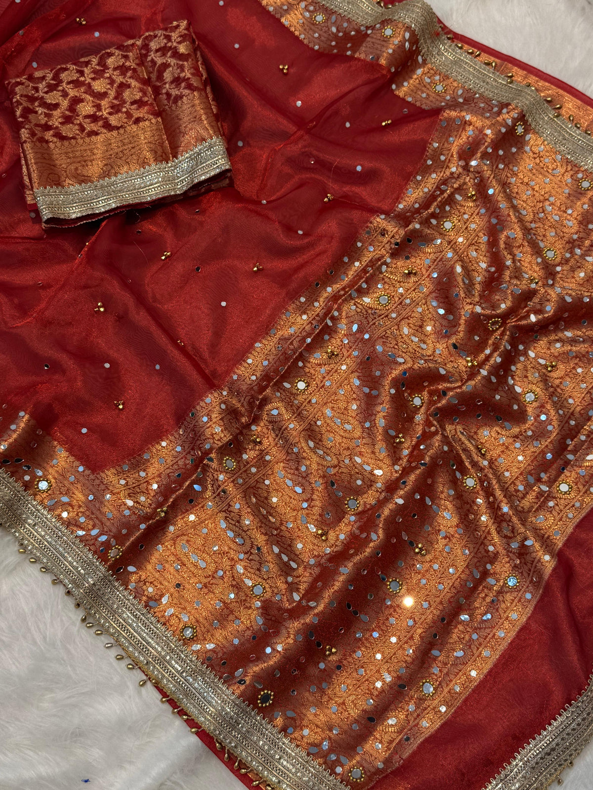 Premium Banarasi Tissue Silk Saree with Mirror, Stone & Ghungroo Work – Elegant Party Wear