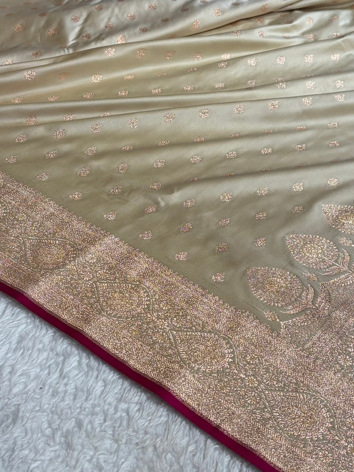 Light Beige Blended Satin Katan Silk Saree – Subtle Sophistication in Every Thread