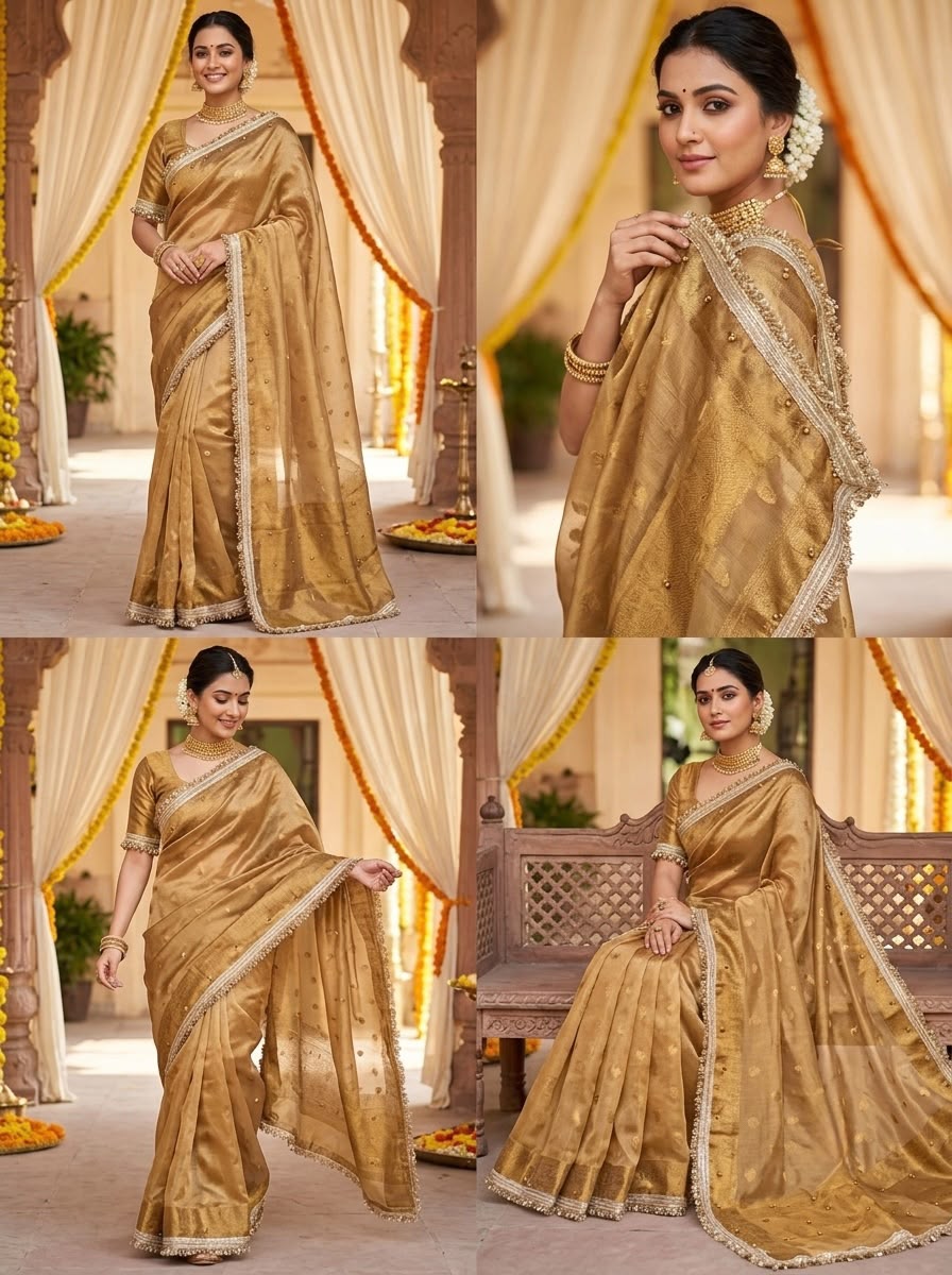 Trending Banarasi Copper Tissue Silk Saree with Ghungroo Work