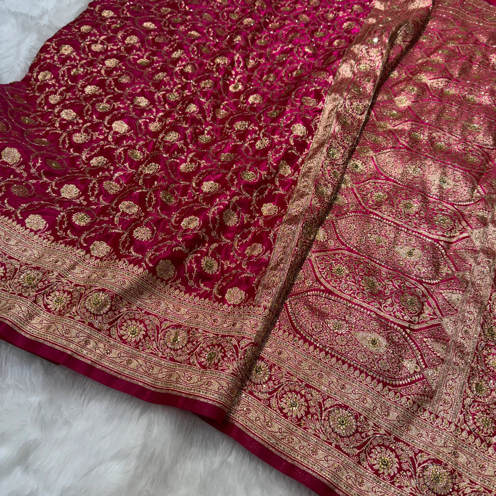 Pink Satin Katan Silk with Ari and Stone work Saree