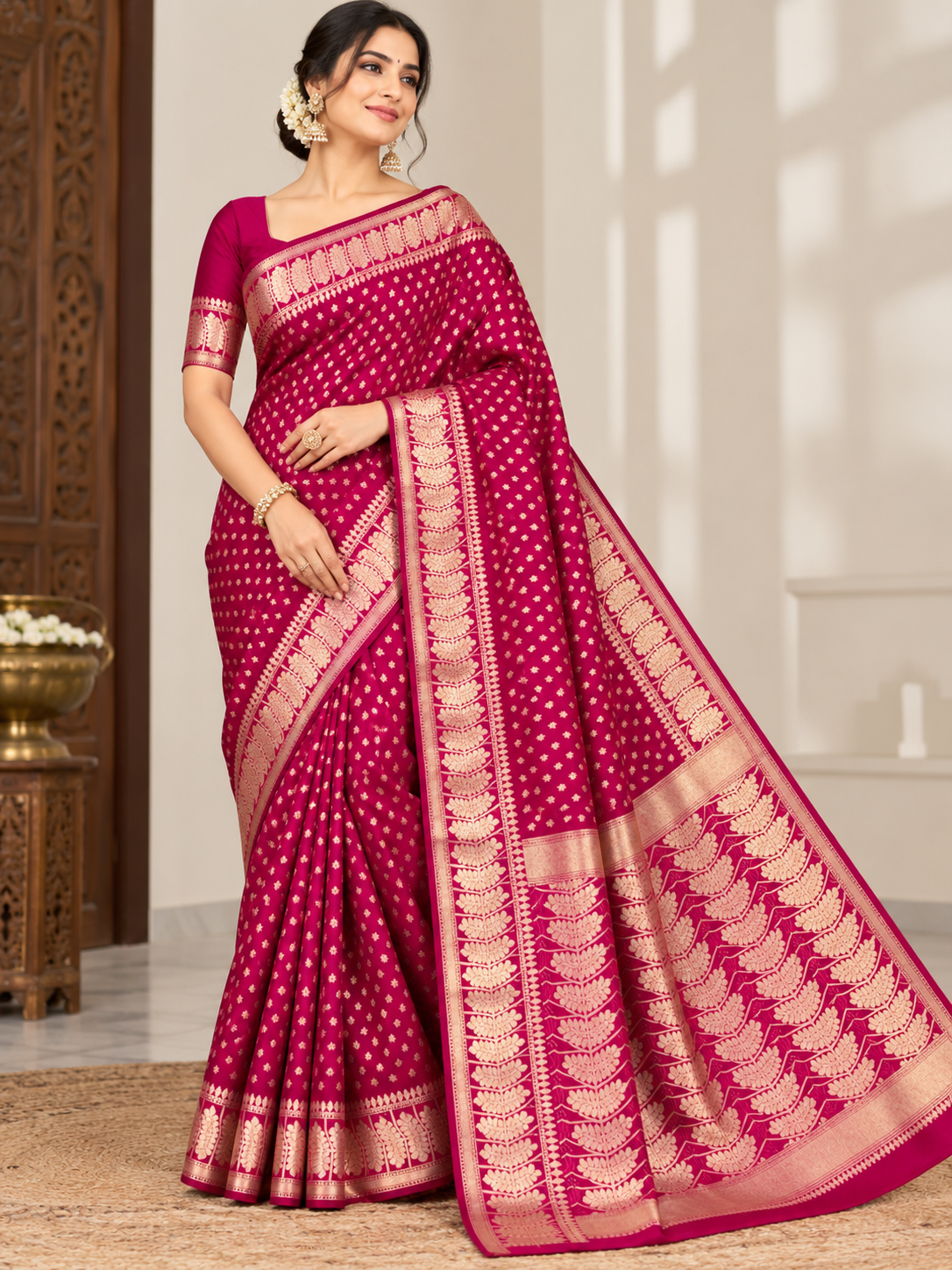 Banarasi Chiniya Katan Silk Saree – Timeless Elegance with Exquisite Booti Weaving