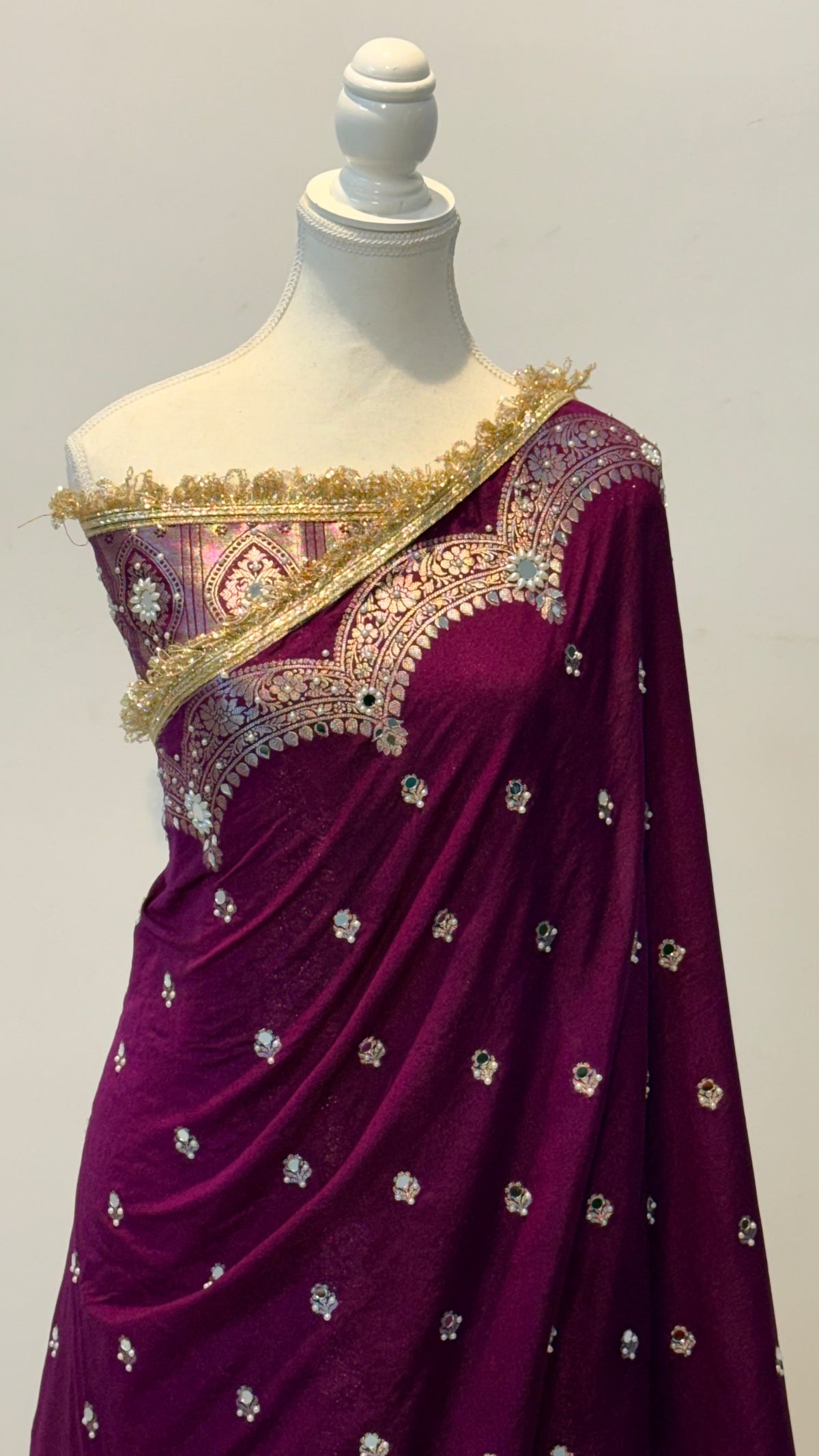 Elegant Soft Chiniya Katan Silk Saree with Mirror & Stone Work