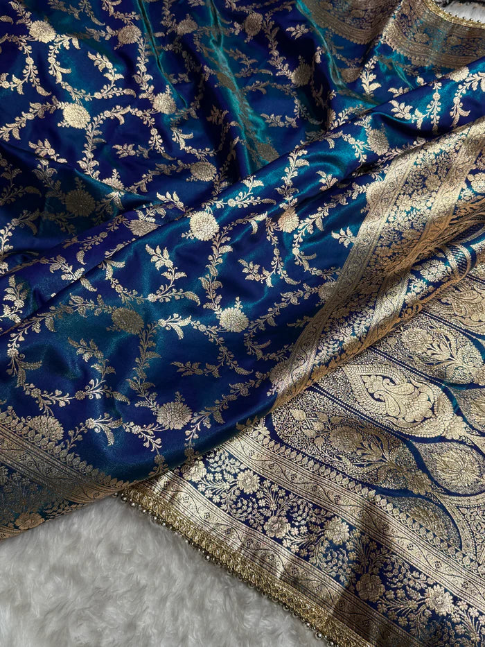 Graceful Peacock Jaal Satin Katan Silk Saree with Gotta Patti Work