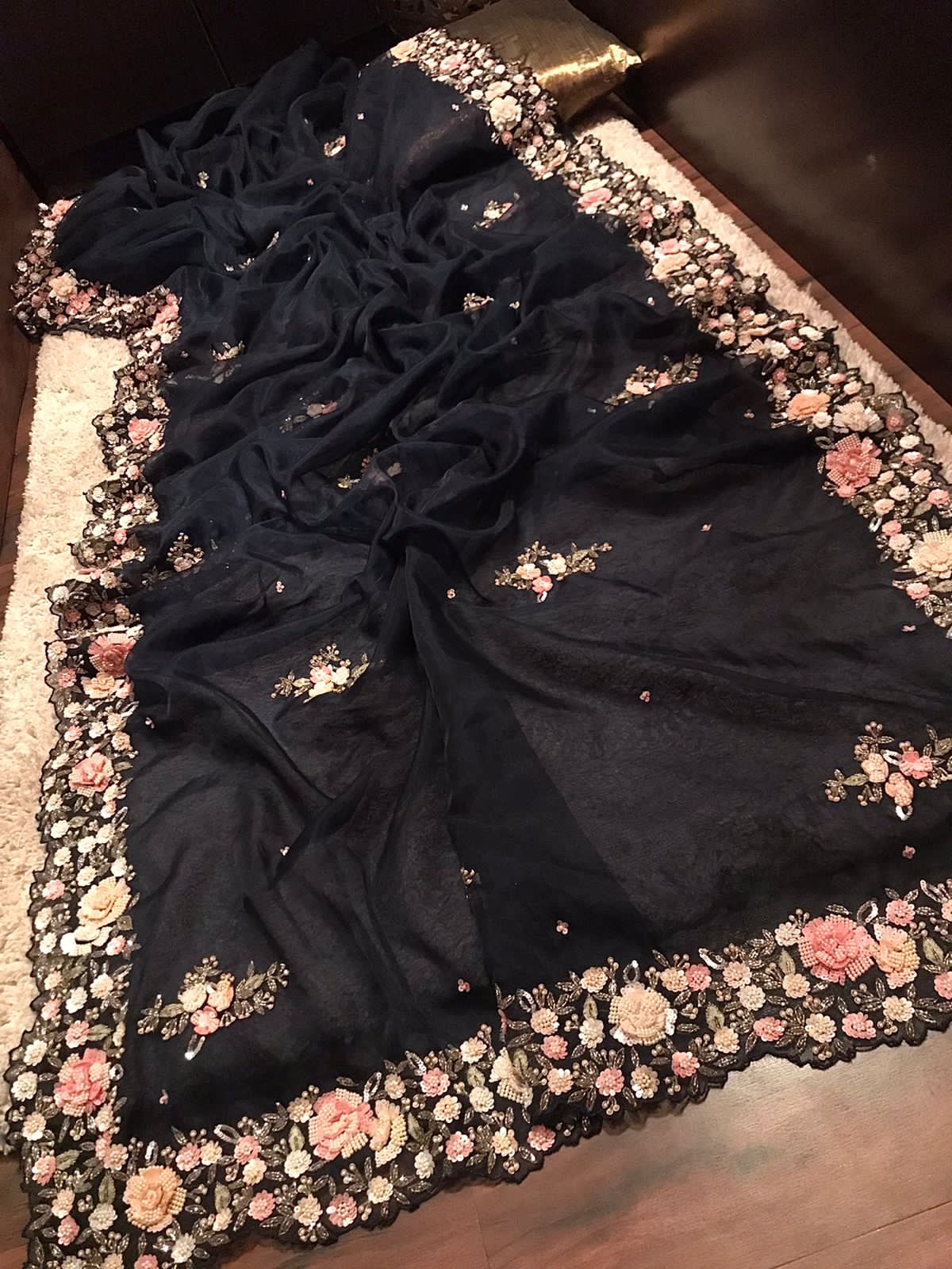 Navy Blue Premium Pure Organza Silk Saree with Resham & Pearl Sequins Handwork