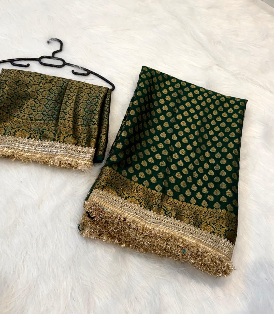 Regal Banarasi Soft Warm Silk Saree with Elegant Booti Work & Lace Detailing