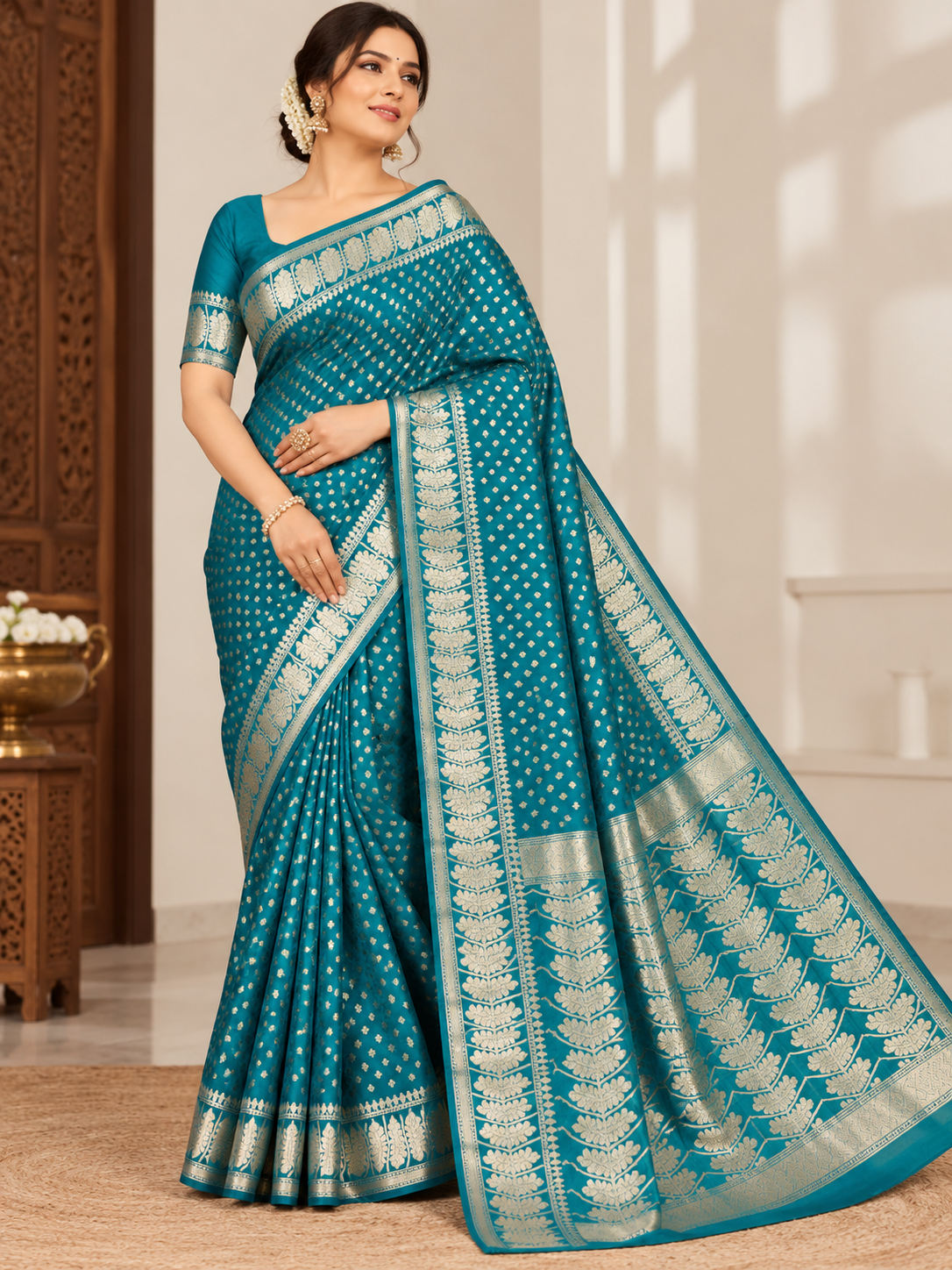 Banarasi Chiniya Katan Silk Saree – Timeless Elegance with Exquisite Booti Weaving