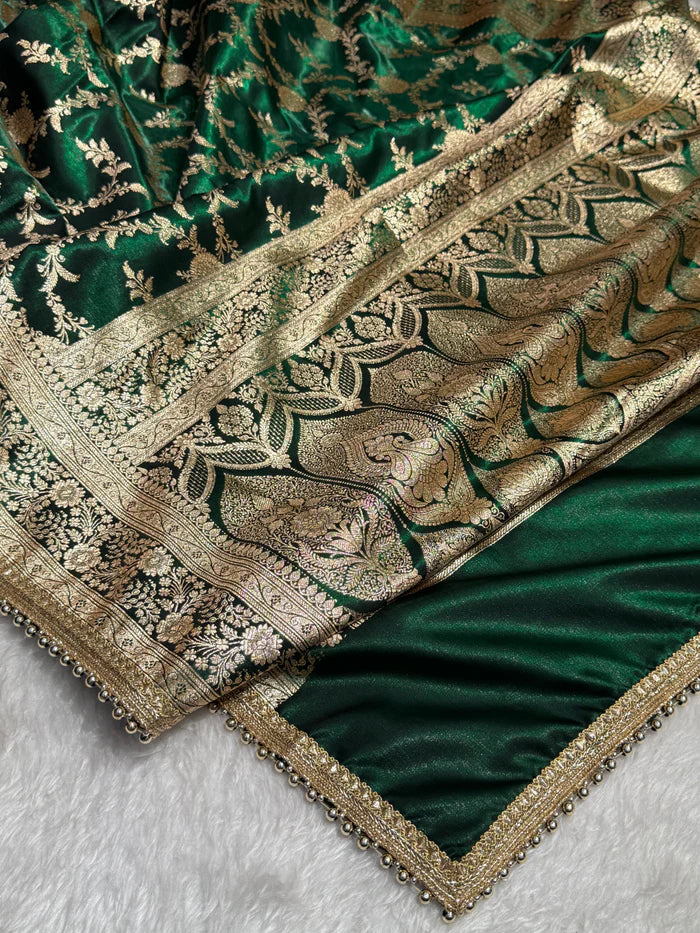 Elegant Bottle Green Banarasi Jaal Satin Katan Silk Saree with Gotta Patti Work