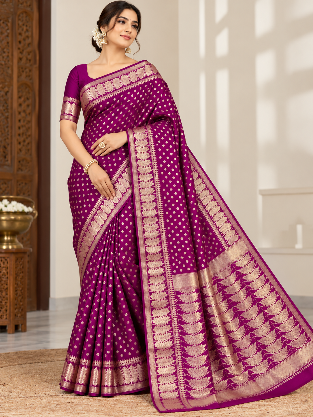 Banarasi Chiniya Katan Silk Saree – Timeless Elegance with Exquisite Booti Weaving