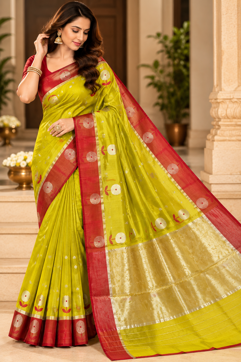 Chanderi Handloom Pattu Silk Saree – Meenakari Butta Border & Zari Striped Pallu