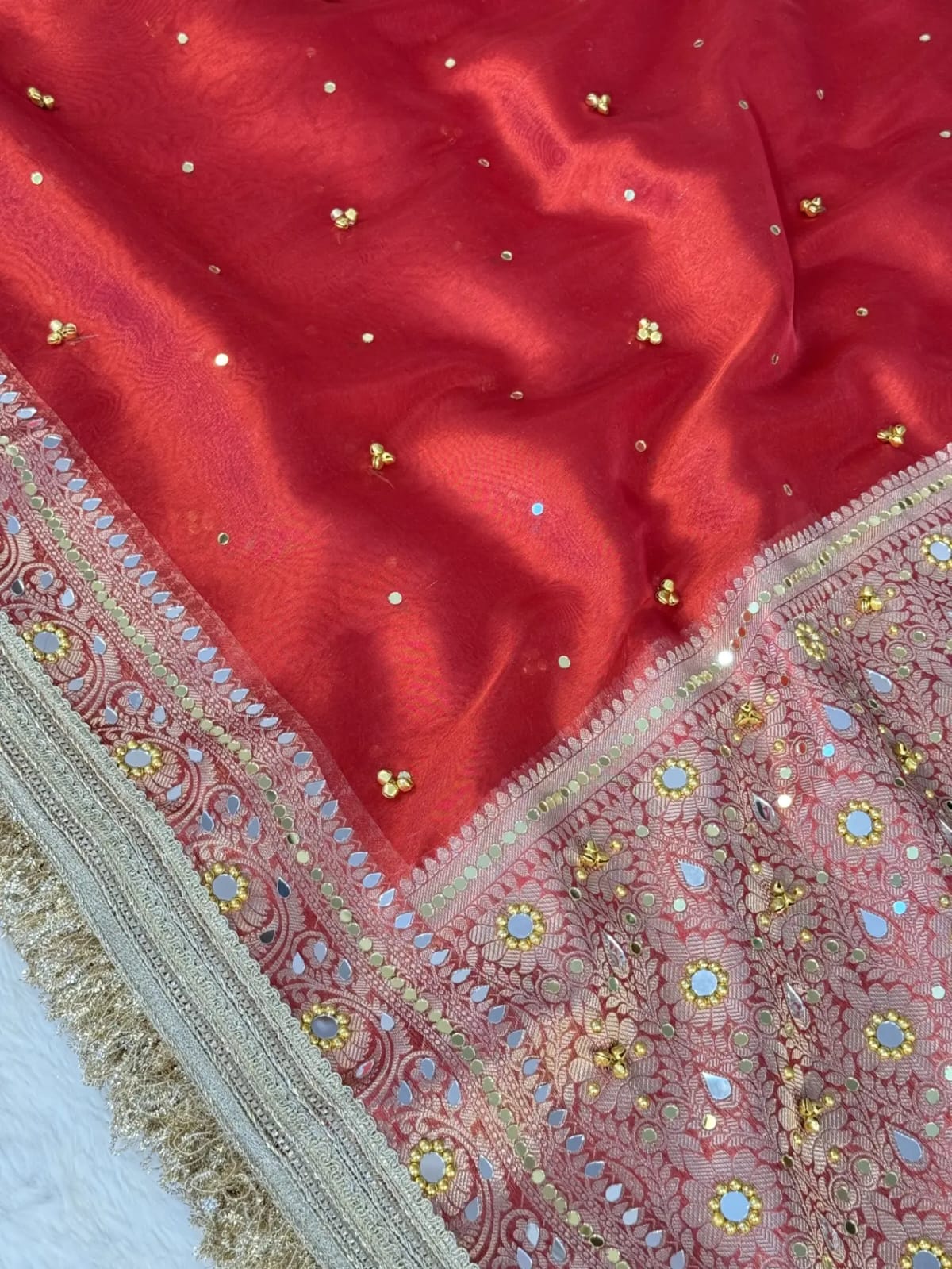 Red Banarasi Tissue Silk Saree with Mirror, Stone & Ghungroo Work – Elegant Party Wear