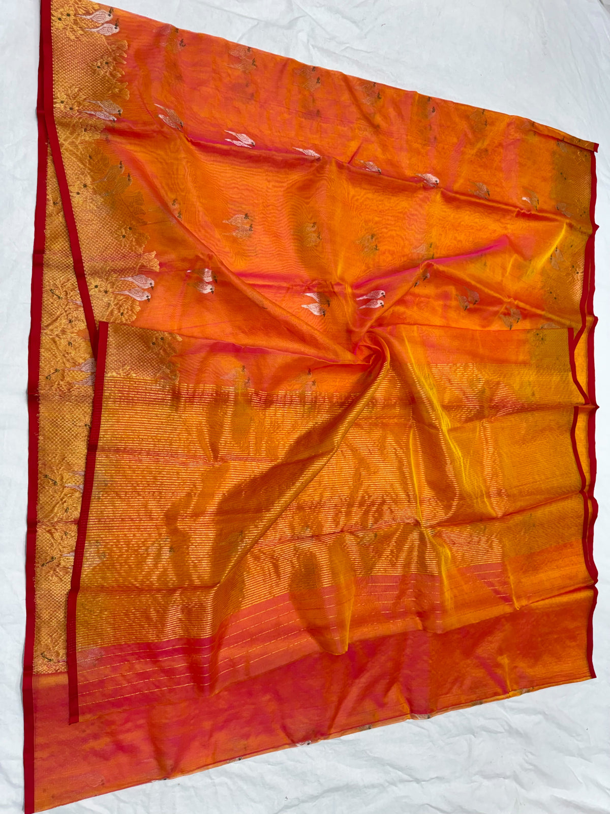 Chanderi Handloom Katan Silk Saree – Meenakari Butta & Zari Pallu