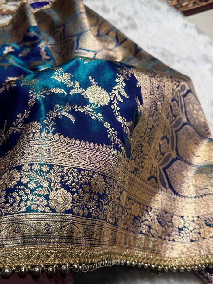 Graceful Peacock Jaal Satin Katan Silk Saree with Gotta Patti Work