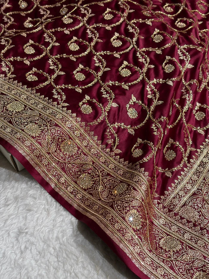 Banarasi Chocolate Shade Satin Katan Silk Saree with Swarovski & Zardozi Work