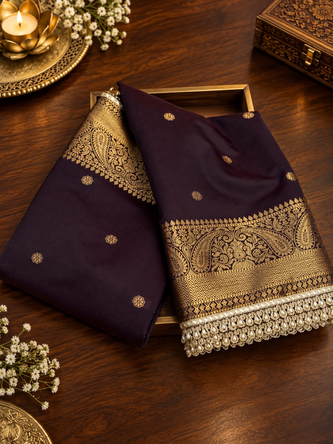 Elegant Banarasi Semi Katan Silk Saree with Pearl Lace