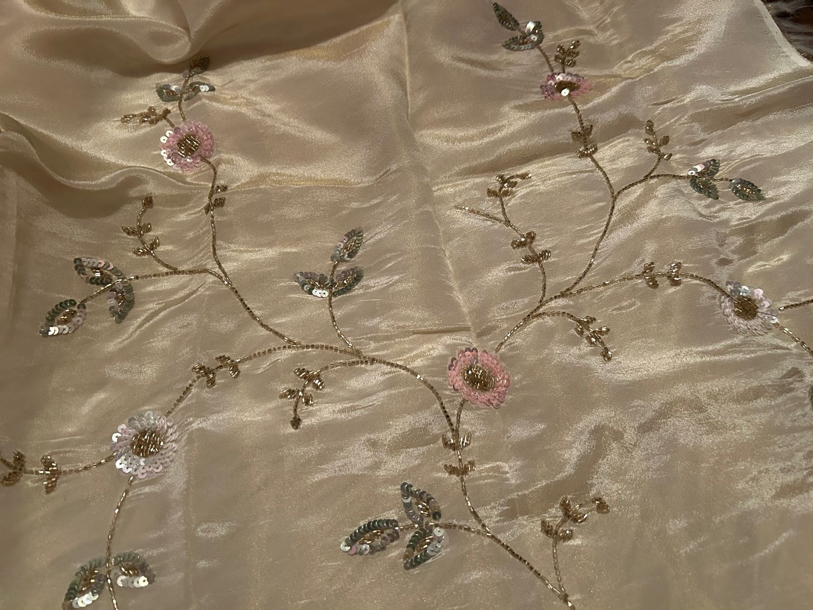 Rich Gold Premium Pure Shimmer Organza Tissue Silk Saree with Pearl Sequins Handwork