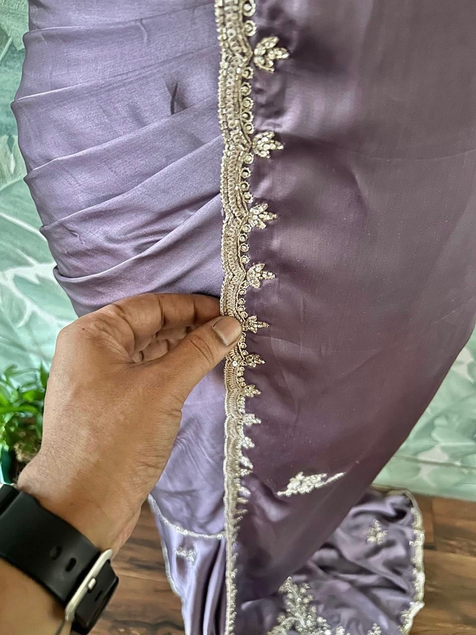 Premium Satin Silk Saree with Sequins & Stone Cut-Daana Handwork