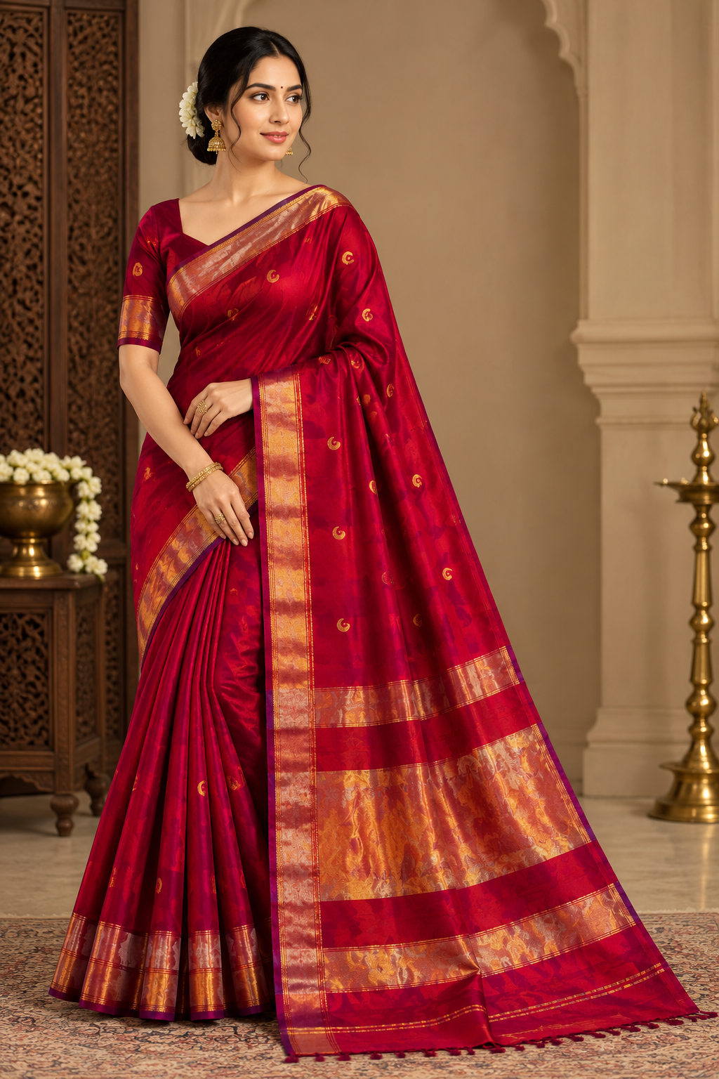 Maheshwari Handloom Silk Cotton Saree with Golden Zari Border