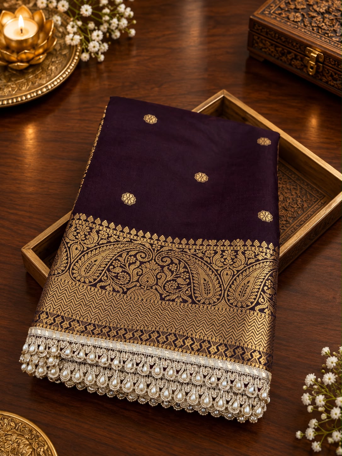 Elegant Banarasi Semi Katan Silk Saree with Pearl Lace