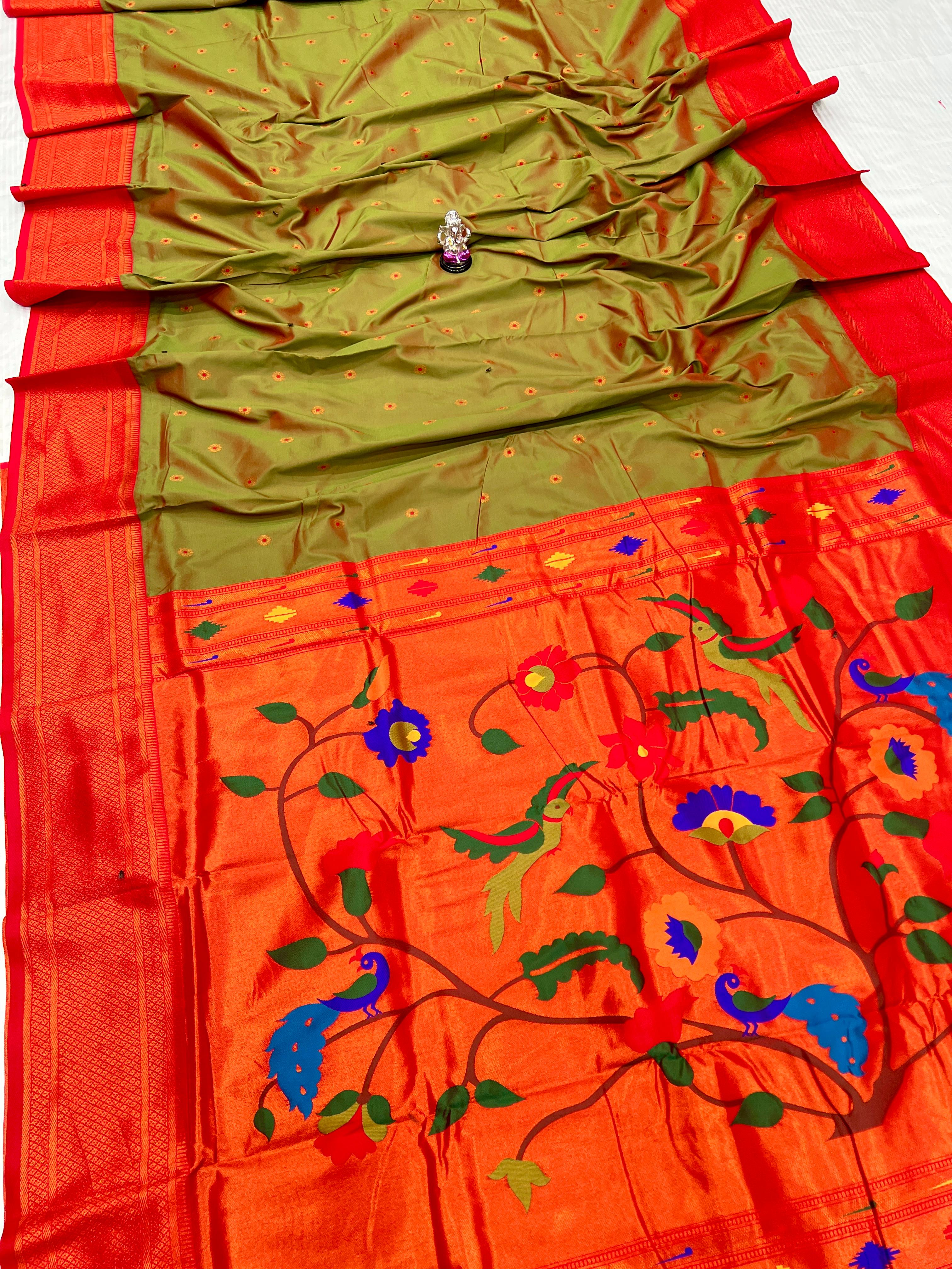 Kadiyal Paithani Premium Katan Silk Saree with Meena Butti & Contrast Zari Blouse