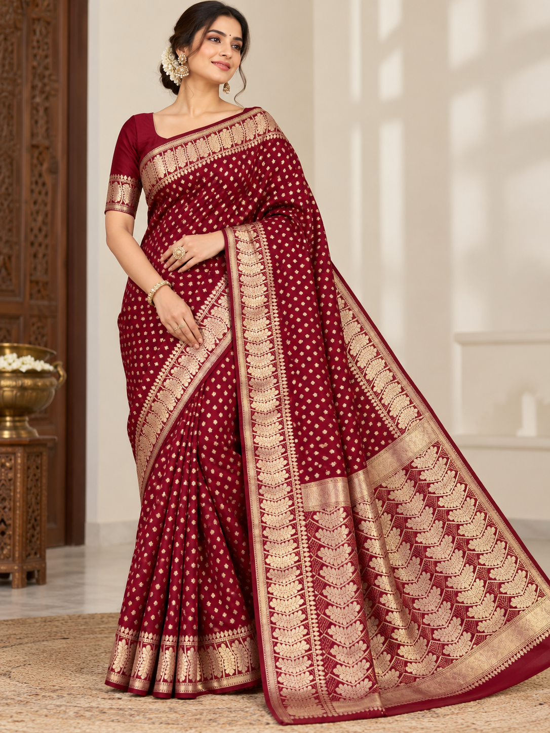 Banarasi Chiniya Katan Silk Saree – Timeless Elegance with Exquisite Booti Weaving