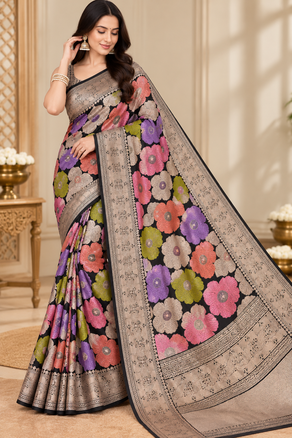 Rangkat Royale – Exquisite Banarasi Handloom Mashru Silk Saree with Artisanal Weaving