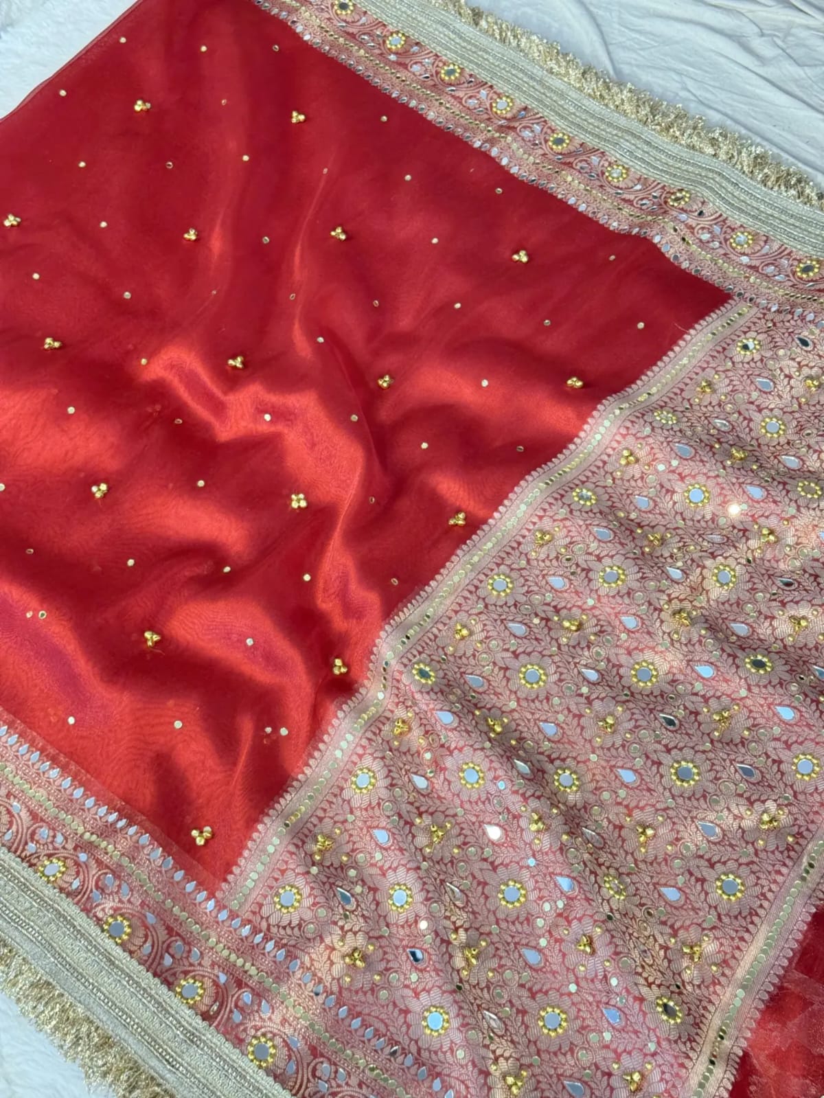 Red Banarasi Tissue Silk Saree with Mirror, Stone & Ghungroo Work – Elegant Party Wear