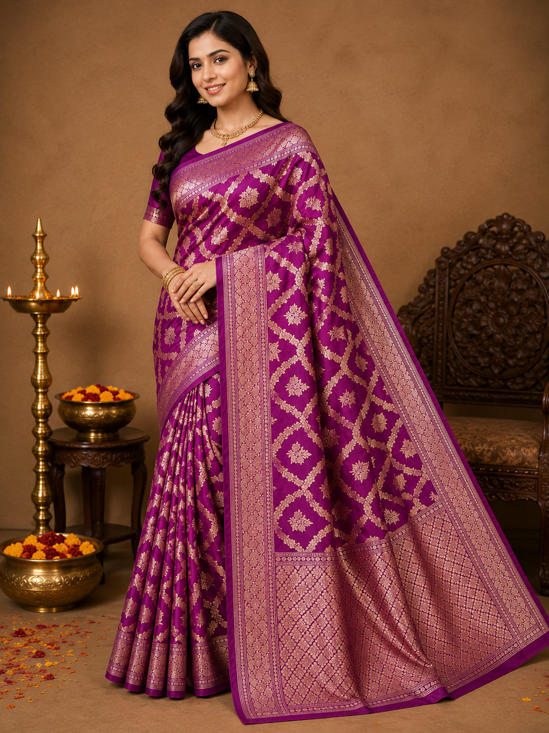 Royal Purple Pure Katan Silk Banarasi Zari Woven Saree with Rich Pallu