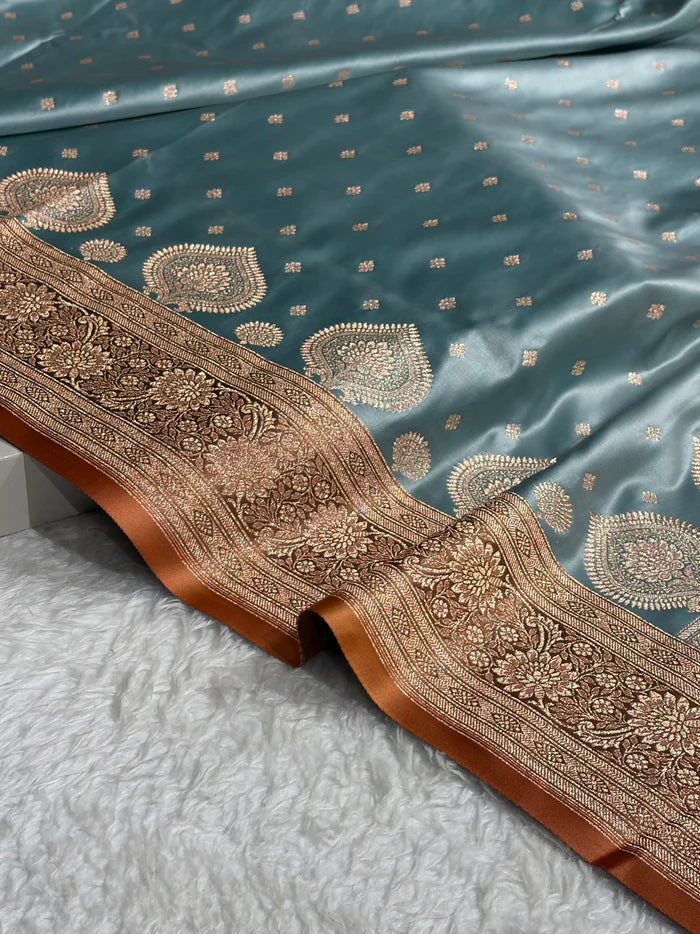 Luxury Satin Katan Silk Saree in Sea Green with Delicate Peach Booti