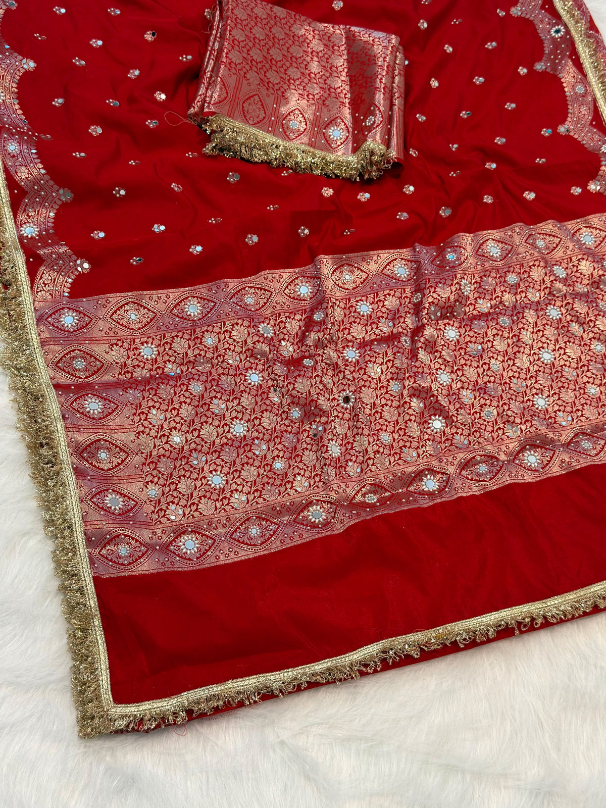 Elegant Soft Chiniya Katan Silk Saree with Mirror & Stone Work