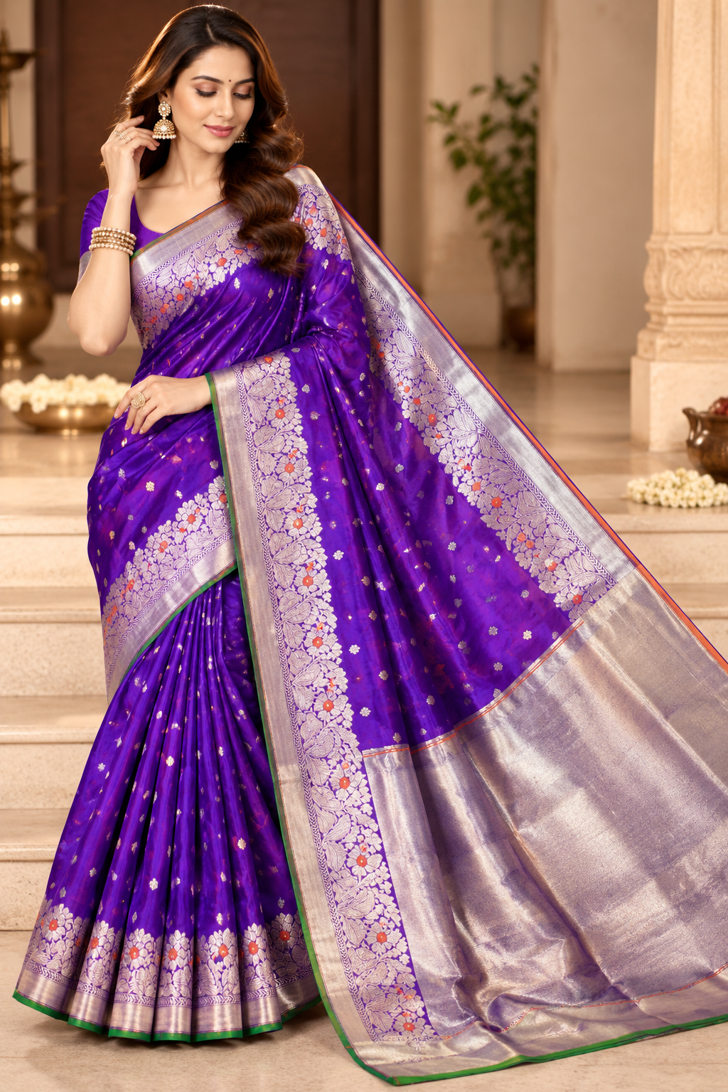 Chanderi Handloom Pattu Silk Saree – Ghani Butta, Meenakari Border & Taraz Pallu