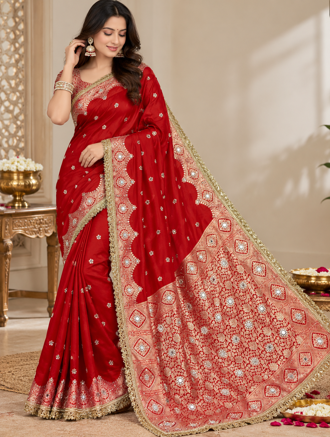 Elegant Soft Chiniya Katan Silk Saree with Mirror & Stone Work