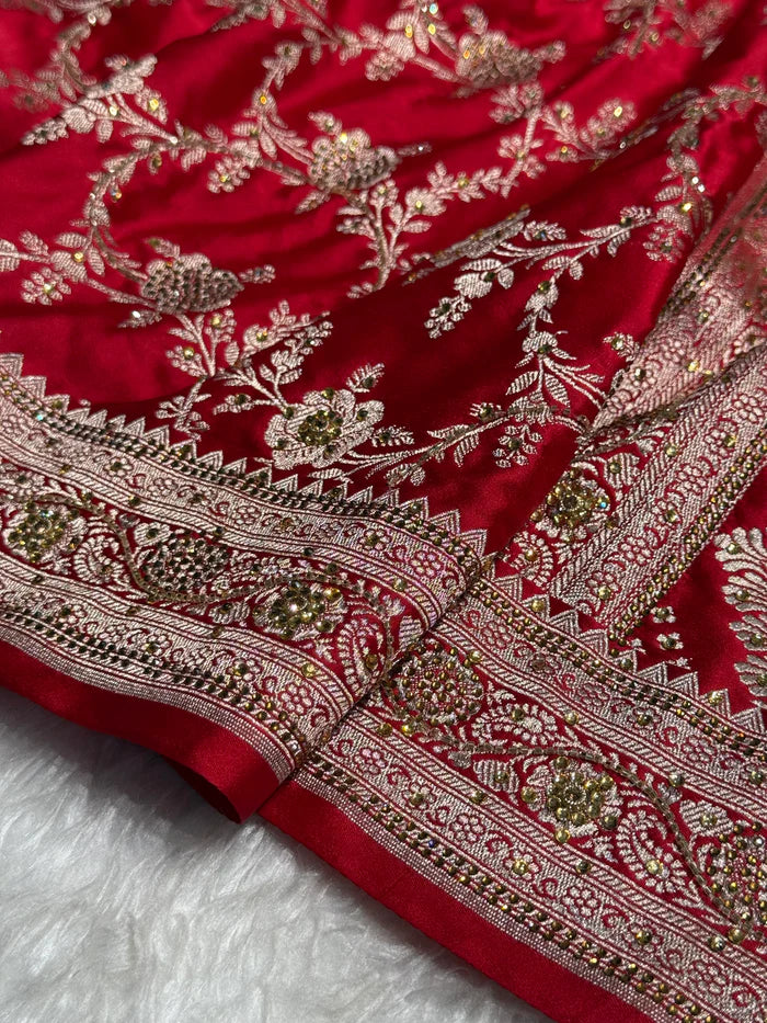 Luxurious Red Satin Katan Silk Saree with Ari & Swarovski Work