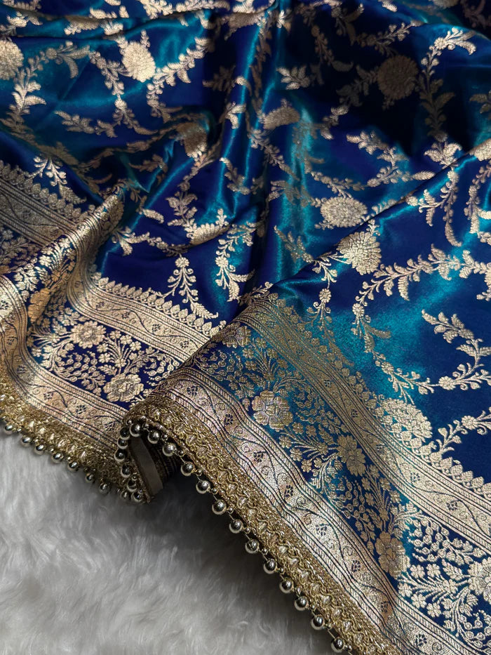 Graceful Peacock Jaal Satin Katan Silk Saree with Gotta Patti Work