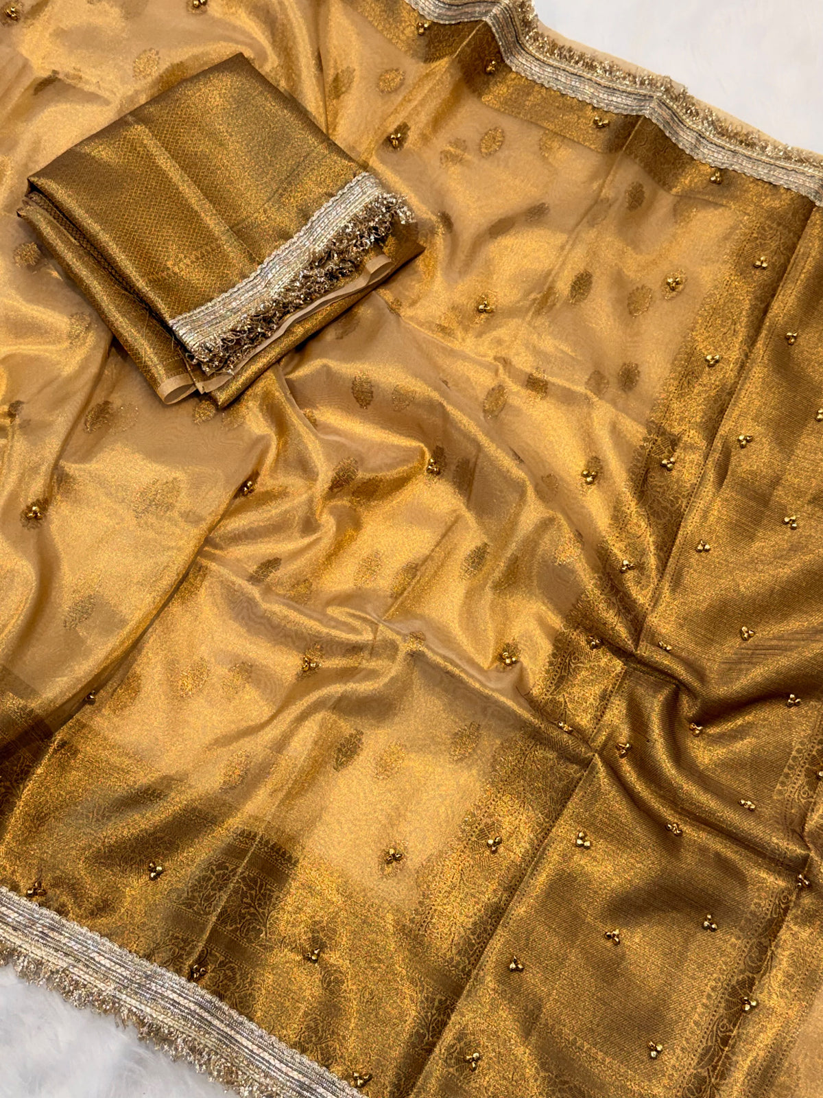 Trending Banarasi Copper Tissue Silk Saree with Ghungroo Work