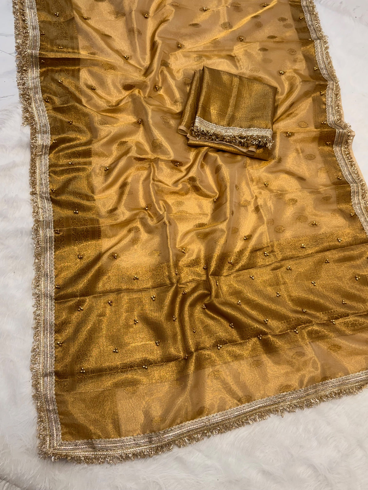 Trending Banarasi Copper Tissue Silk Saree with Ghungroo Work