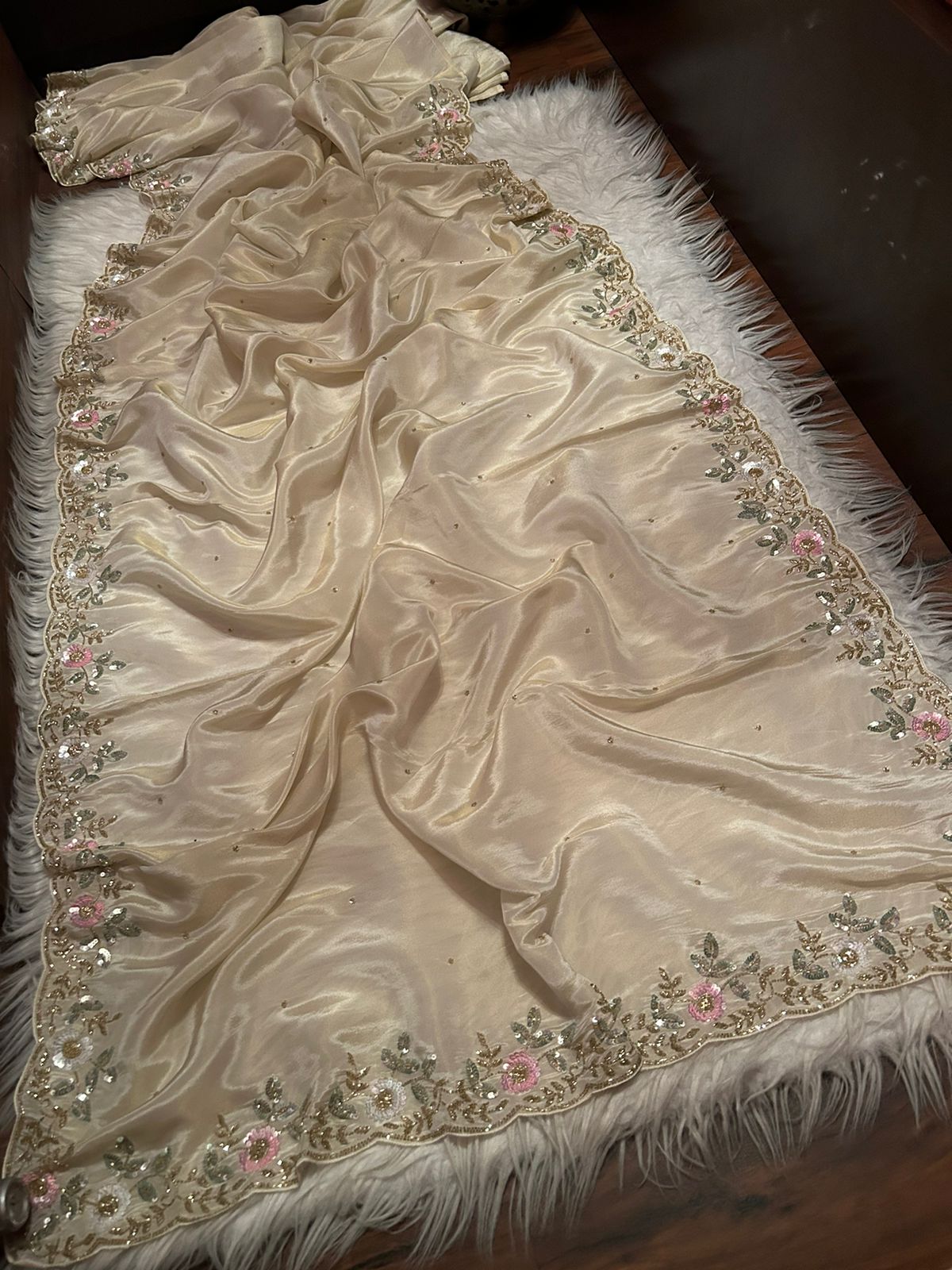 Rich Gold Premium Pure Shimmer Organza Tissue Silk Saree with Pearl Sequins Handwork