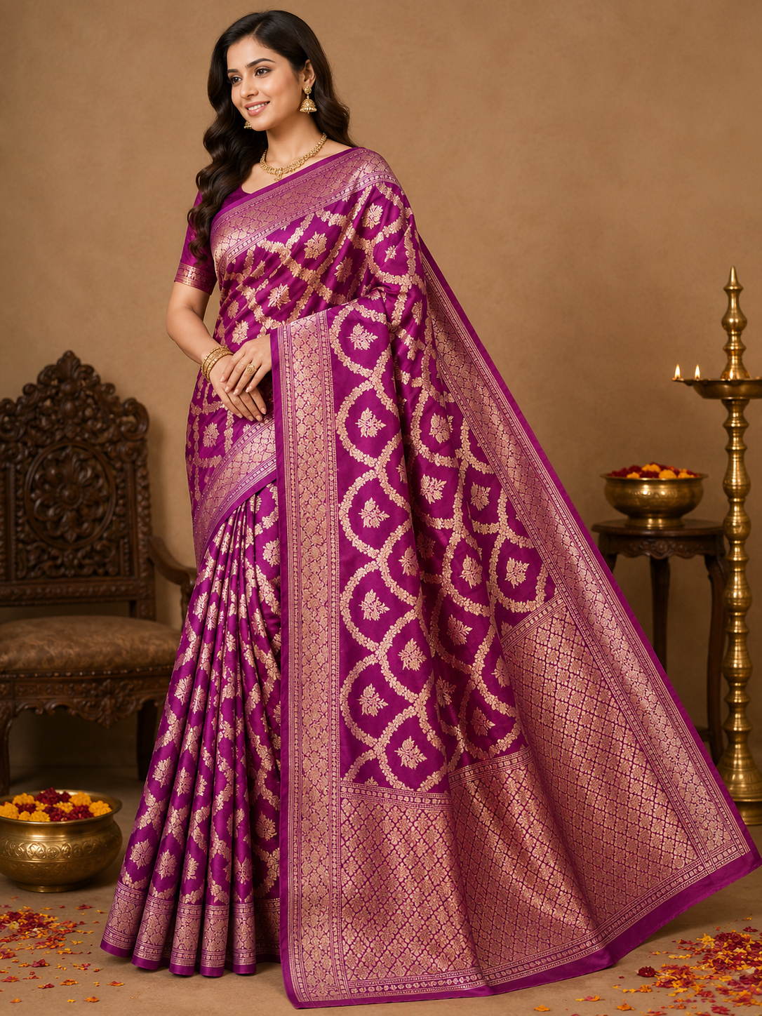 Royal Purple Pure Katan Silk Banarasi Zari Woven Saree with Rich Pallu