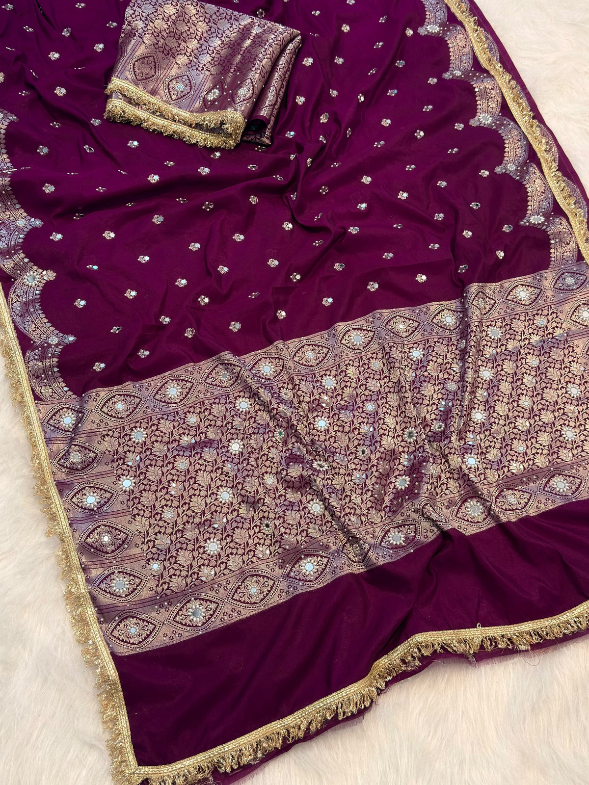 Elegant Soft Chiniya Katan Silk Saree with Mirror & Stone Work