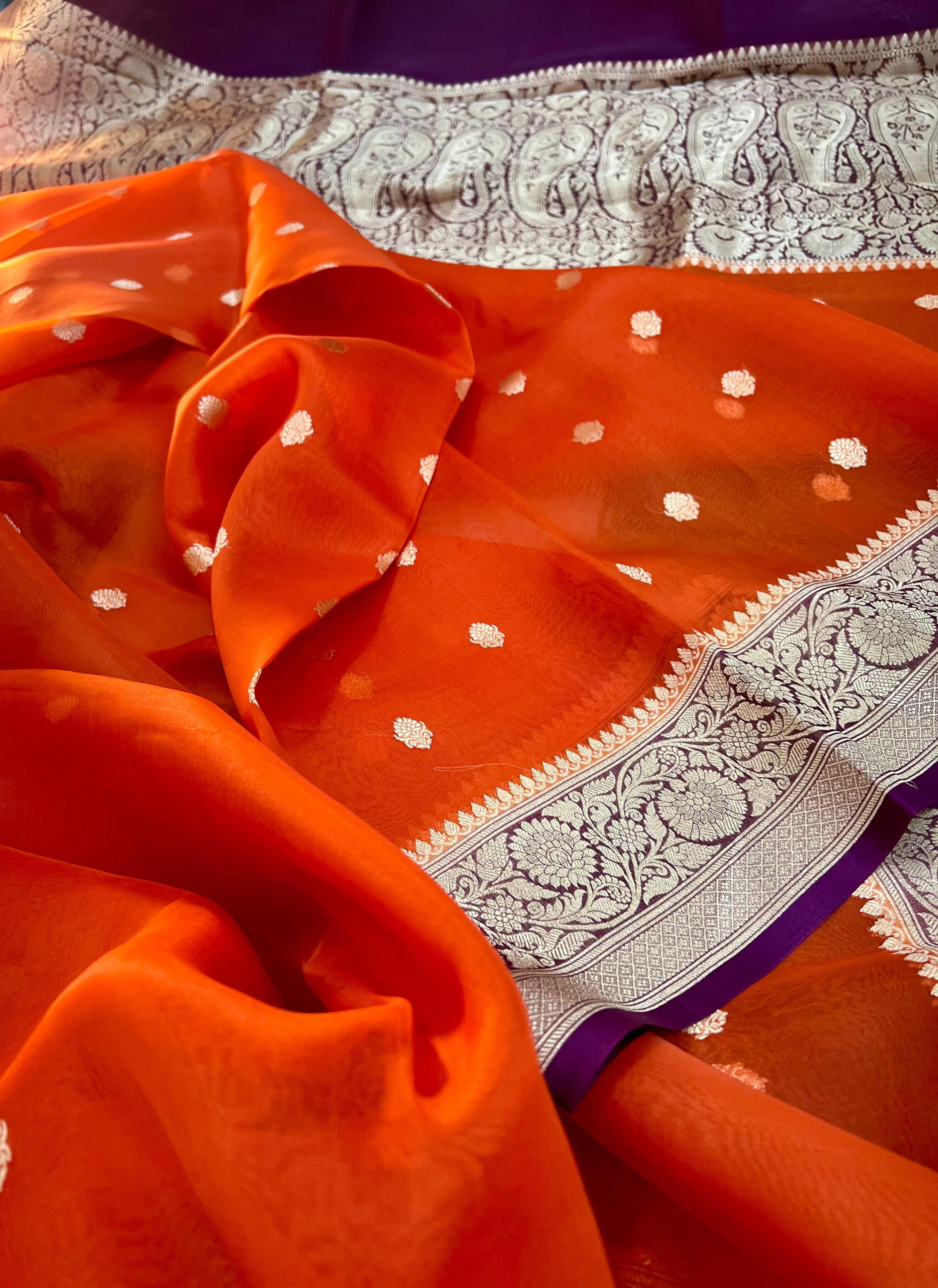 Beautiful Banaras Handloom Pure Kora Silk Kadhuwa Woven Saree