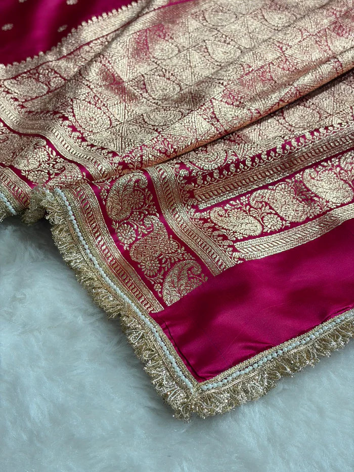 Banarasi Satin Katan Saree in Cross Rani Shade with Gotta Patti Boota