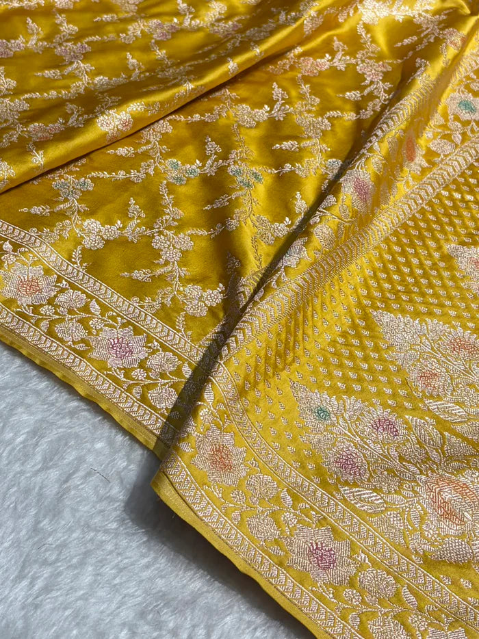 Mustard Banarasi Jaal With Meenakari Pattern Mashru Katan Silk Saree