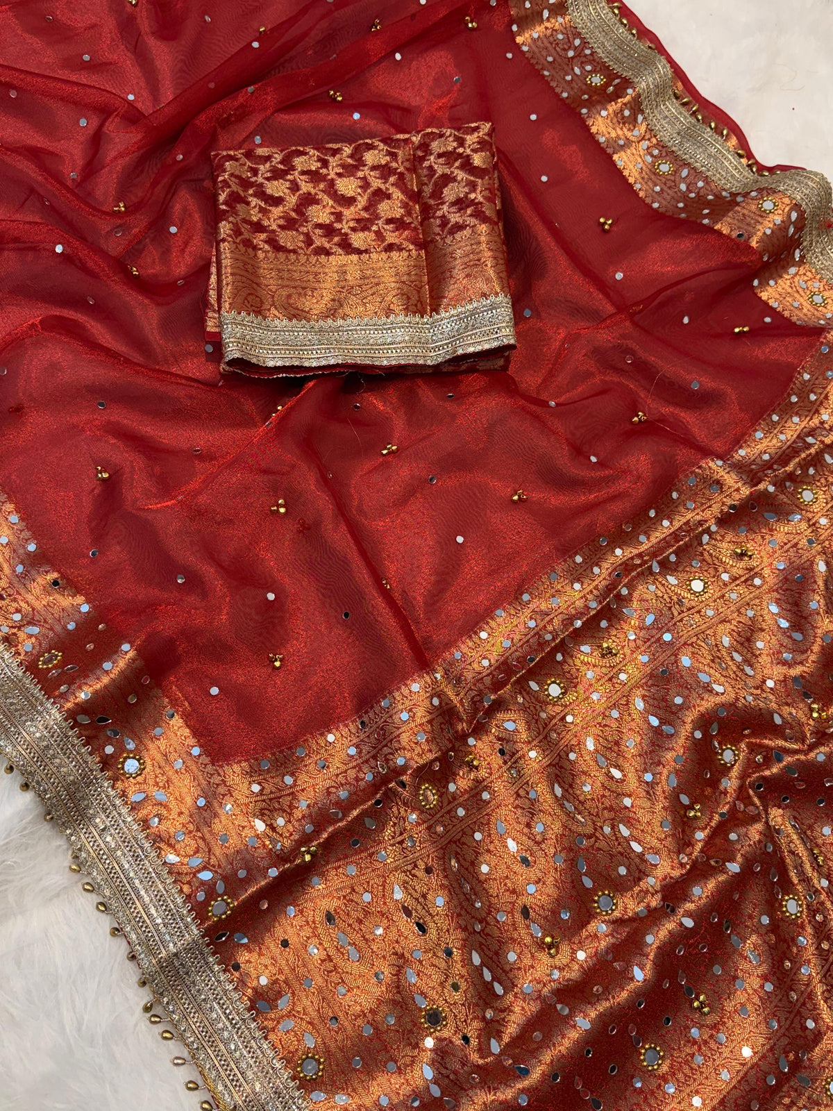 Premium Banarasi Tissue Silk Saree with Mirror, Stone & Ghungroo Work – Elegant Party Wear