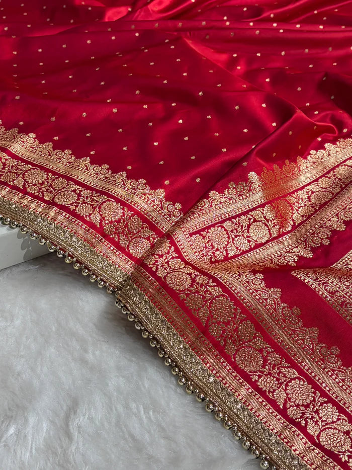 Banarasi Satin Katan Saree in Cross Red Shade with Gotta Patti Work