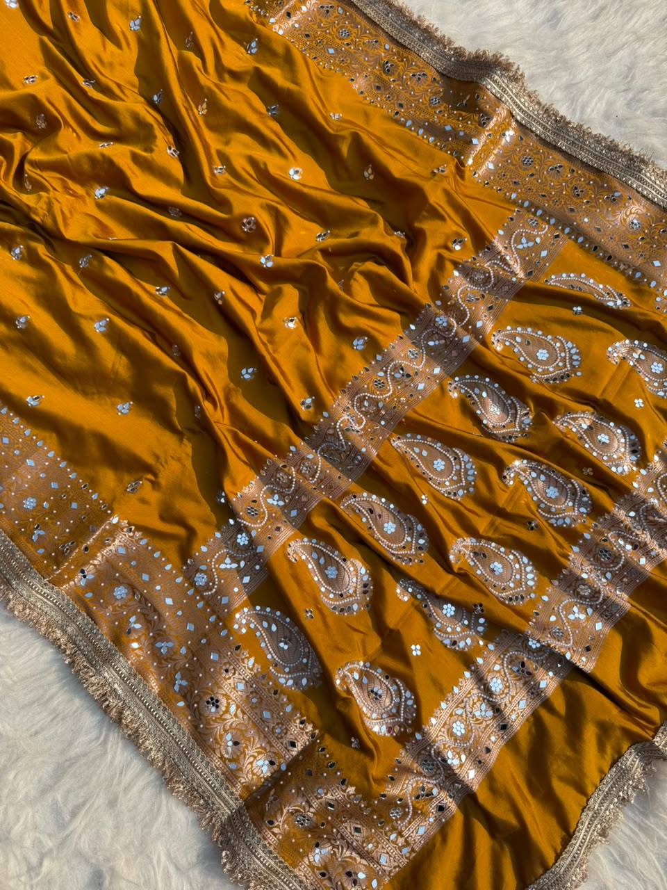 Beautiful Soft Katan Silk Woven Mirror Handwork Party Wear Saree with Designer Lace Border