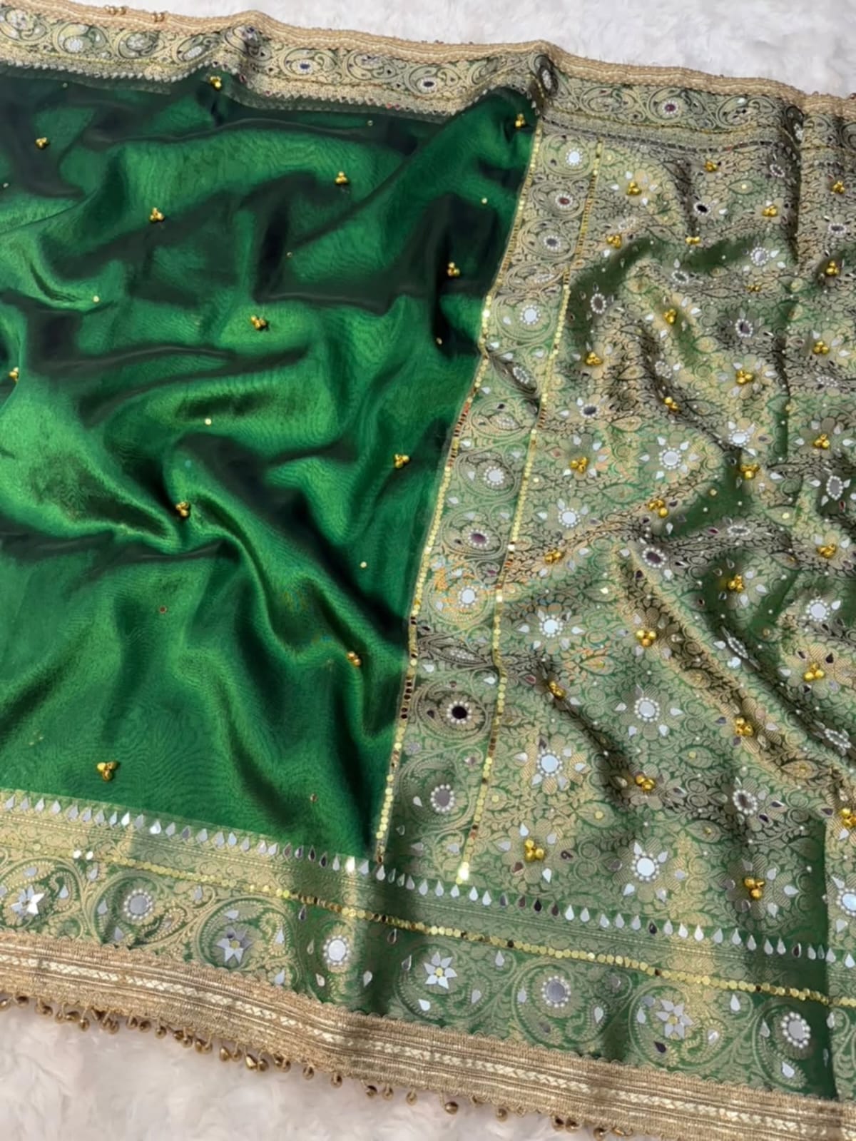 Premium Banarasi Tissue Silk Saree – Exquisite Mirror, Stone & Ghungroo Embellishments