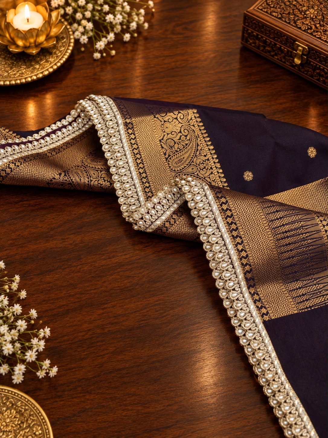 Elegant Banarasi Semi Katan Silk Saree with Pearl Lace