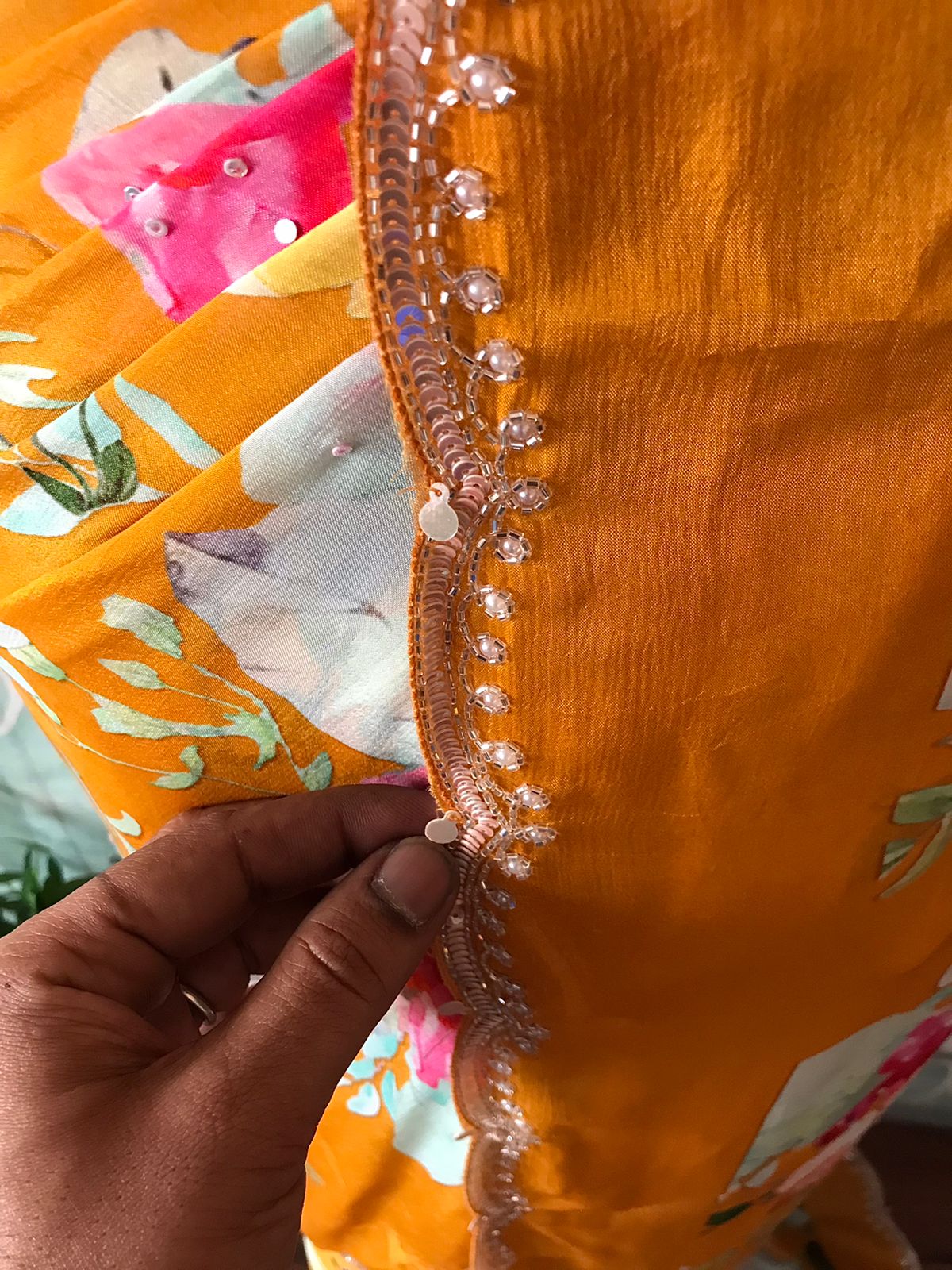 Premium Pure Chinnon Silk Floral Handwork Saree