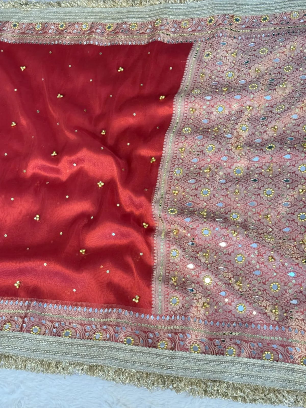 Red Banarasi Tissue Silk Saree with Mirror, Stone & Ghungroo Work – Elegant Party Wear