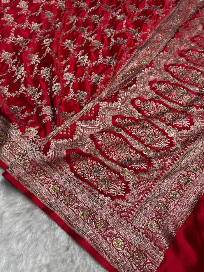 Luxurious Red Satin Katan Silk Saree with Ari & Swarovski Work