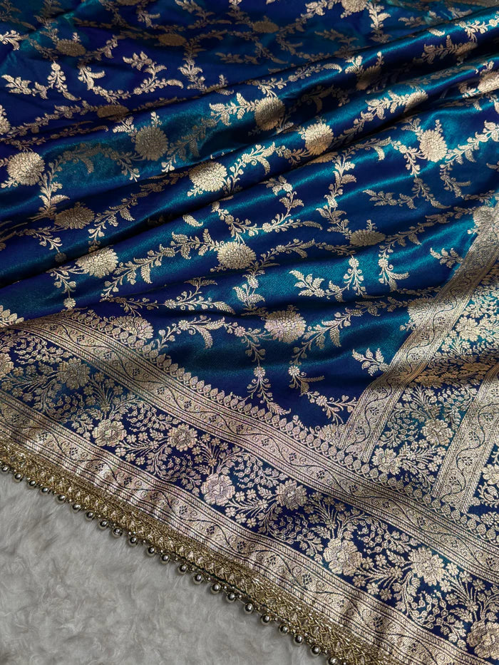 Graceful Peacock Jaal Satin Katan Silk Saree with Gotta Patti Work